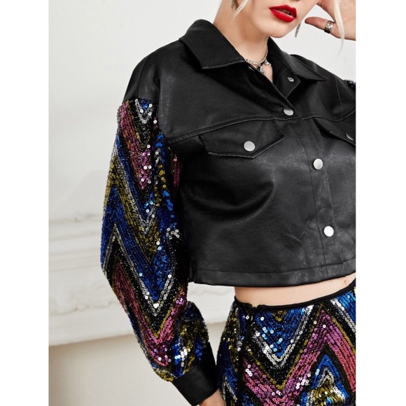 Button Front Sequin Crop PU Leather Jacket - Picture 3 of 5